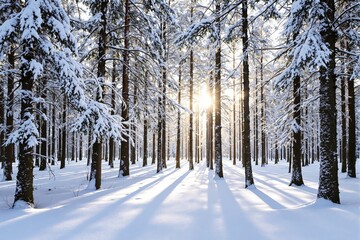 Poster - Winter forest with snow-covered trees and sunlight shining through branches.