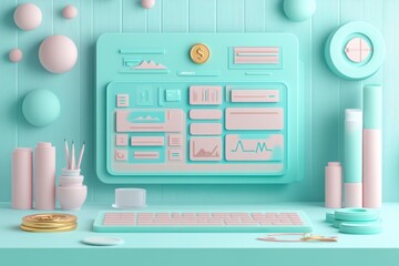 Poster - A modern, mint-colored workspace featuring a stylized computer interface, decorative shapes, and organized desktop elements.