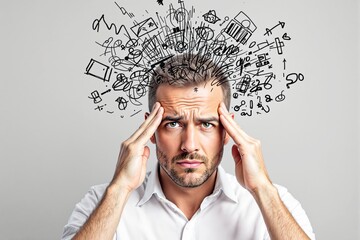 Poster - Stressed man with abstract chaotic thoughts on light background.