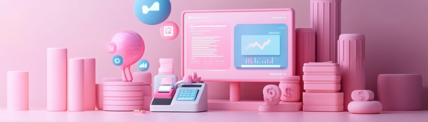 Poster - a pastel-themed digital workspace featuring pink objects, a computer, and playful icons, creating a 