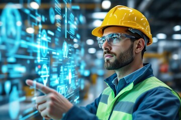 Aufkleber - Engineer interacting with futuristic digital interface in industrial setting.