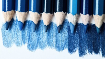 Poster - Gradient of blue pencil strokes transforming into various shades of blue on paper displayed in a creative arrangement