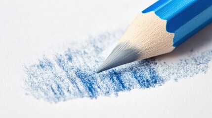 Poster - Close up of a blue pencil creating a textured mark on a minimalist white background in a quiet workspace