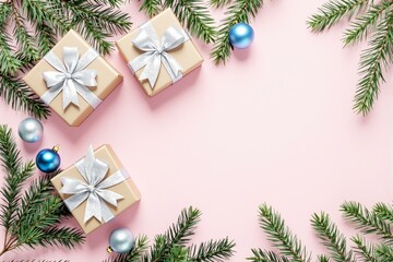 Poster - Christmas gifts with silver bows and pine branches on light pink background.