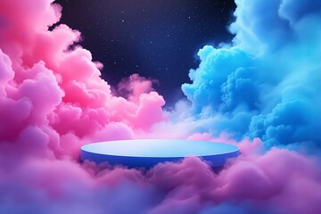 Poster - Platform surrounded by vibrant pink and blue clouds under a starry sky.