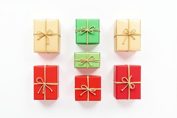 Poster - Colorful gift boxes with golden ribbons on a white background.