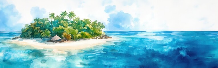 Poster - Serene tropical island with lush greenery and crystal-clear waters under a bright sky