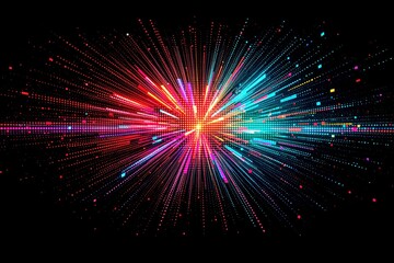 Poster - Multicolored digital light burst with vibrant pixels on black background.
