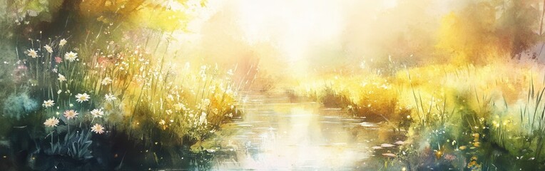 Aufkleber - Bright summer morning in a tranquil landscape with water and wildflowers near a gentle stream