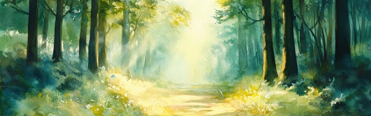 Aufkleber - Serene woodland path illuminated by soft sunlight filtering through trees in a tranquil forest landscape