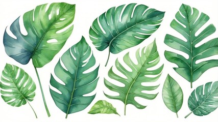 Poster - Collection of tropical green leaves with various shapes and sizes arranged artistically against a white background