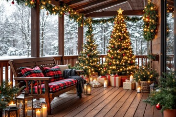 Poster - Christmas porch with festive decorations, illuminated tree, and glowing candles in snowy background.