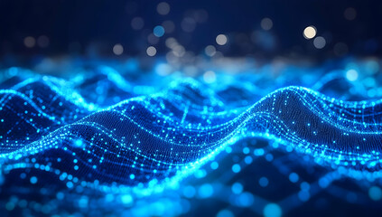 Poster - Abstract digital background with a blue, glowing wave of dots and lines on a dark blue background