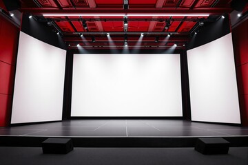 Poster - Modern stage with illuminated screens in a red and black auditorium.