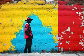 Poster - Colorful graffiti artwork of a man with a hat on a textured brick wall background.