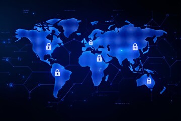 Poster - Digital global map with security lock icons on dark background.