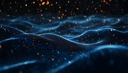 Poster - Abstract blue digital wave with glowing dots on a dark background