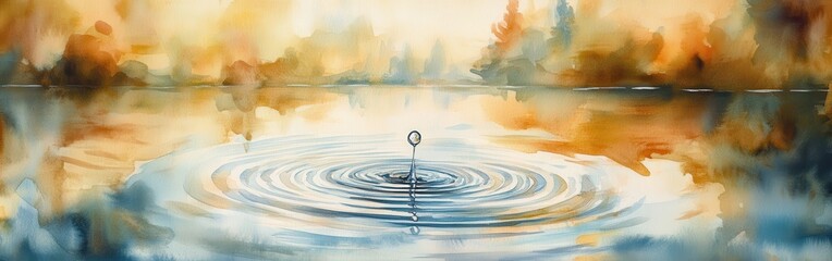Poster - Close-up view of a water droplet creating ripples on a tranquil water surface at sunset with warm hues
