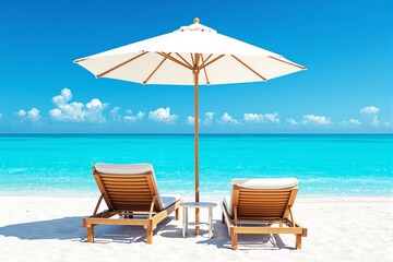 Poster - Two wooden lounge chairs and umbrella on white sandy beach facing turquoise sea under blue sky.