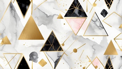 Poster - Unique geometric pattern featuring black, gold, and pink triangles on a marble-like background with elegant design elements