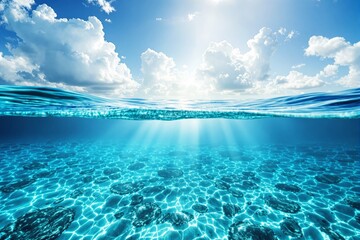 Aufkleber - Crystal clear ocean water with sunlight streaming through beneath a vibrant cloudy sky.