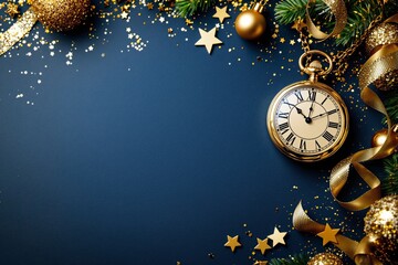 Aufkleber - Festive New Year Background with Pocket Watch and Gold Decorations.
