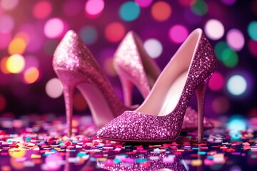 Aufkleber - Glittery pink high heels on a colorful confetti background with bokeh lights.