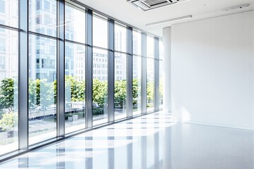 Poster - Spacious modern interior with floor-to-ceiling windows and an urban city view in bright sunlight.