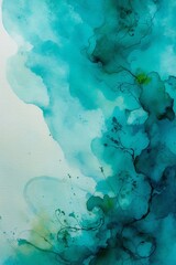 Poster - fluid turquoise abstract artwork with intricate black line details and soft green accents creating a