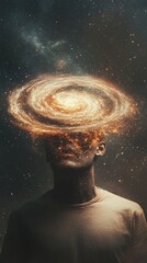 Aufkleber - Surreal depiction of a person with a galaxy swirling around their head, symbolizing overwhelming thoughts, stress, and mental burnout. The cosmic imagery suggests vastness and complexity