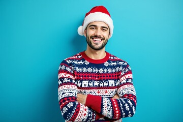 Wall Mural - Man wearing festive sweater and Santa hat smiling on a blue background.