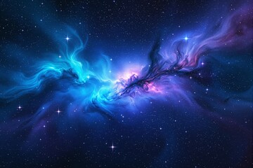 Poster - Abstract cosmic nebula with blue and purple hues on a starry background.