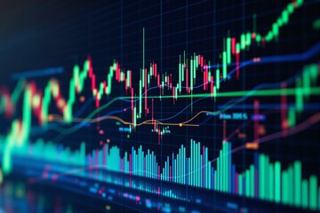 Poster - Abstract financial trading chart with colorful candlestick patterns and data on a dark background.