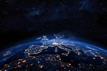 Poster - Nighttime view of Europe from space with glowing city lights.
