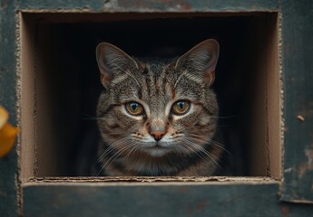 Poster - Close-Up Portrait of a Striped Cat Gazing Out from a Cavity with Intense Eyes and Soft Fur, Captured in Natural Lighting and Dramatic Shadows