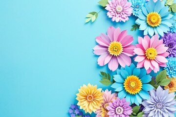Poster - Vibrant paper flowers in soft pastel tones on a light blue background.