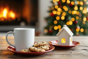 Poster - Warm Christmas scene with cookies, mug, and decorative house on wooden table.