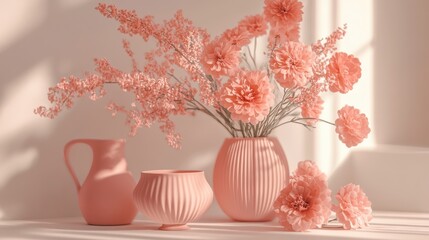 Poster - Soft coral floral arrangement with delicate textures in a sunlit corner