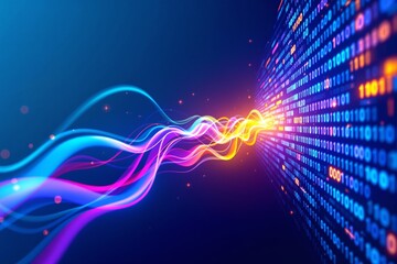 Poster - Abstract waves of light flowing into digital binary data streams on a blue background.