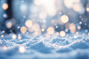 Poster - Sparkling snow with warm bokeh lights on blurred blue background.