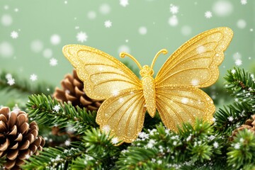 Poster - Glittering golden butterfly on evergreen branches with pinecones and snowflakes on a soft green backdrop.