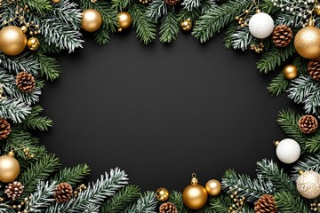 Poster - Festive Christmas border with golden ornaments and pinecones on a dark background.