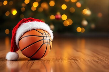 Poster - Basketball wearing Santa hat on wooden floor with festive blurred lights in background.