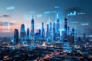 Poster - Futuristic cityscape with glowing data overlays and digital analytics interface at dusk.