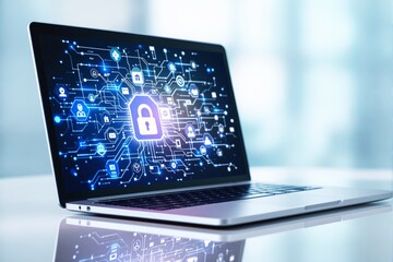 Aufkleber - Laptop with digital padlock on screen, symbolizing cybersecurity and data protection on a bright background.
