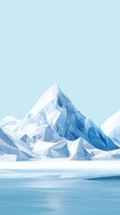 Fototapete - Low-poly design features icy blue mountains and serene waters under a pale sky, capturing a tranquil natural landscape