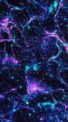 Poster - Vibrant scatter of neon violet and bright cyan sparkles in a cosmic background with deep black tones