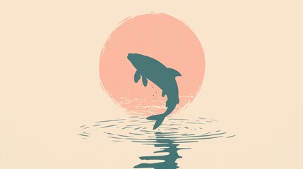 Poster - Silhouette of a fish jumping through calm waters against a warm sunset backdrop
