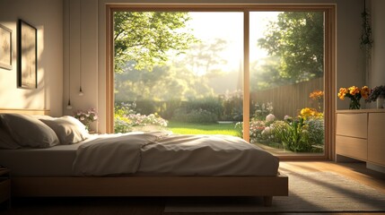 Wall Mural - Sunlit bedroom with sliding glass doors opening to a vibrant garden.