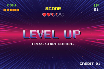 Poster - LEVEL UP. press start button. pixel art .8 bit game. retro game. for game assets in vector illustrations.